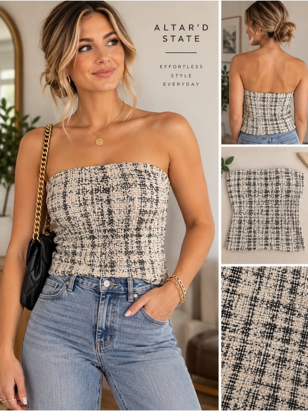 Altar'd State Black & Cream Strapless Tweed Tube Top